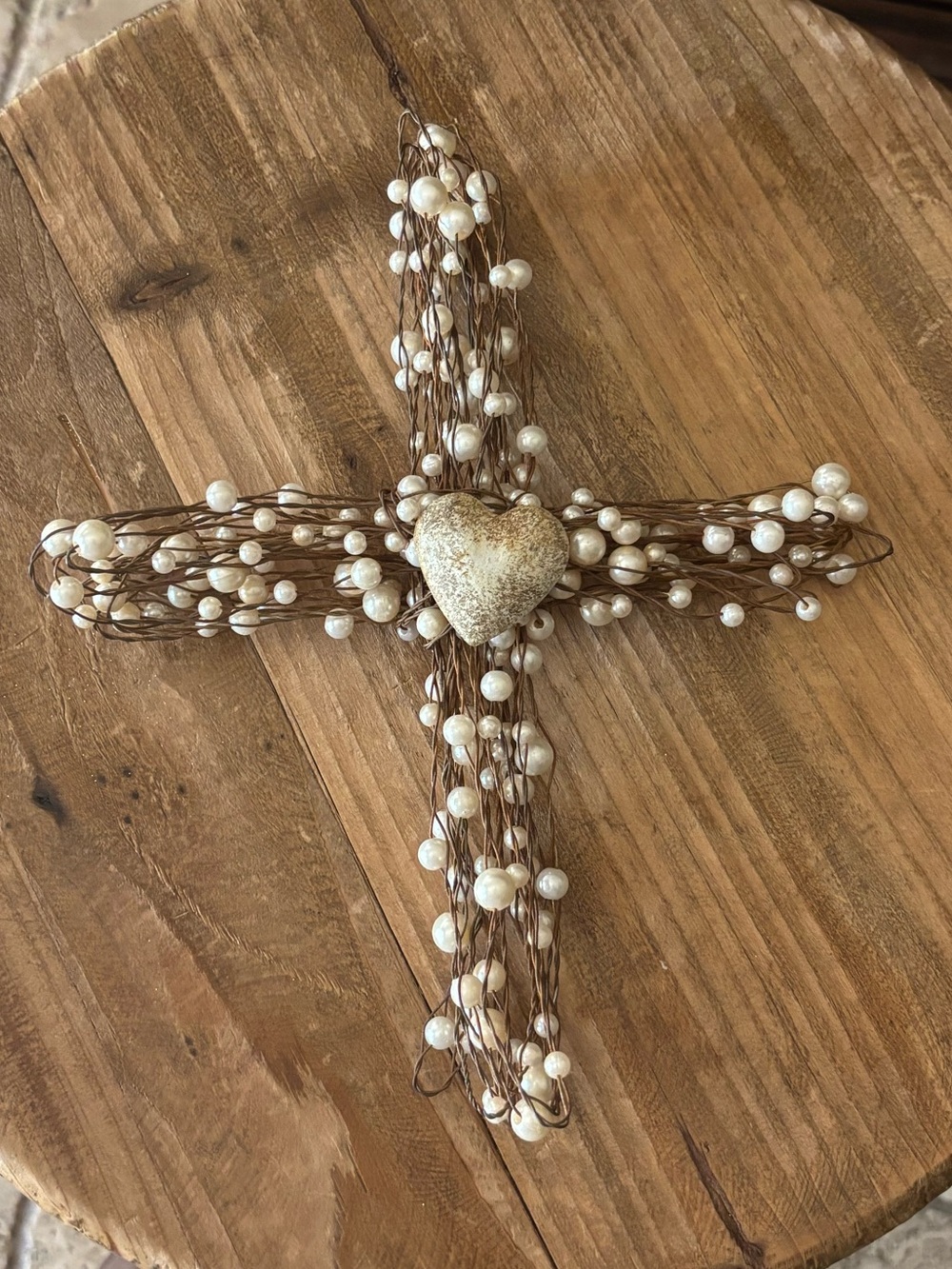 Wire and pearl embellished cross with heart